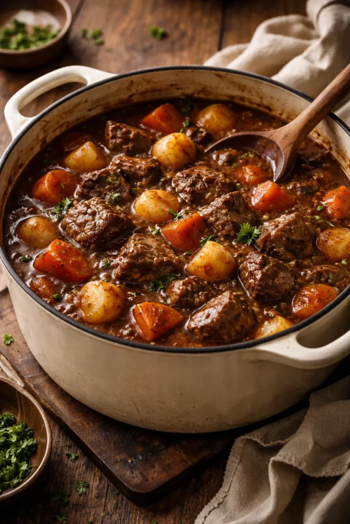 Beef stew with carrots and parsnips in a thick gravy in a Dutch oven