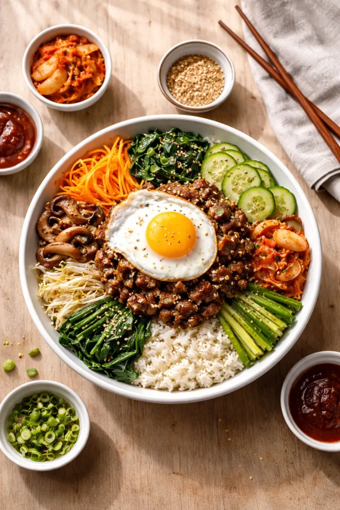 Bibimbap bowl showing assembly order with sections and center protein