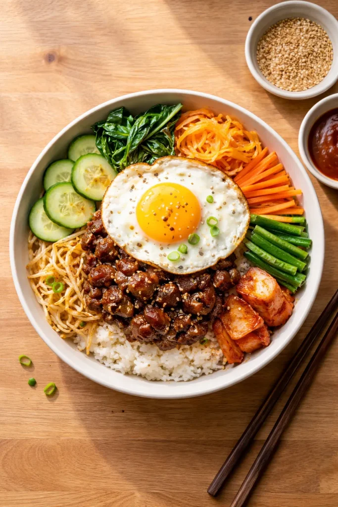 Bibimbap bowl with rice, bulgogi, vegetables, and fried egg in natural light