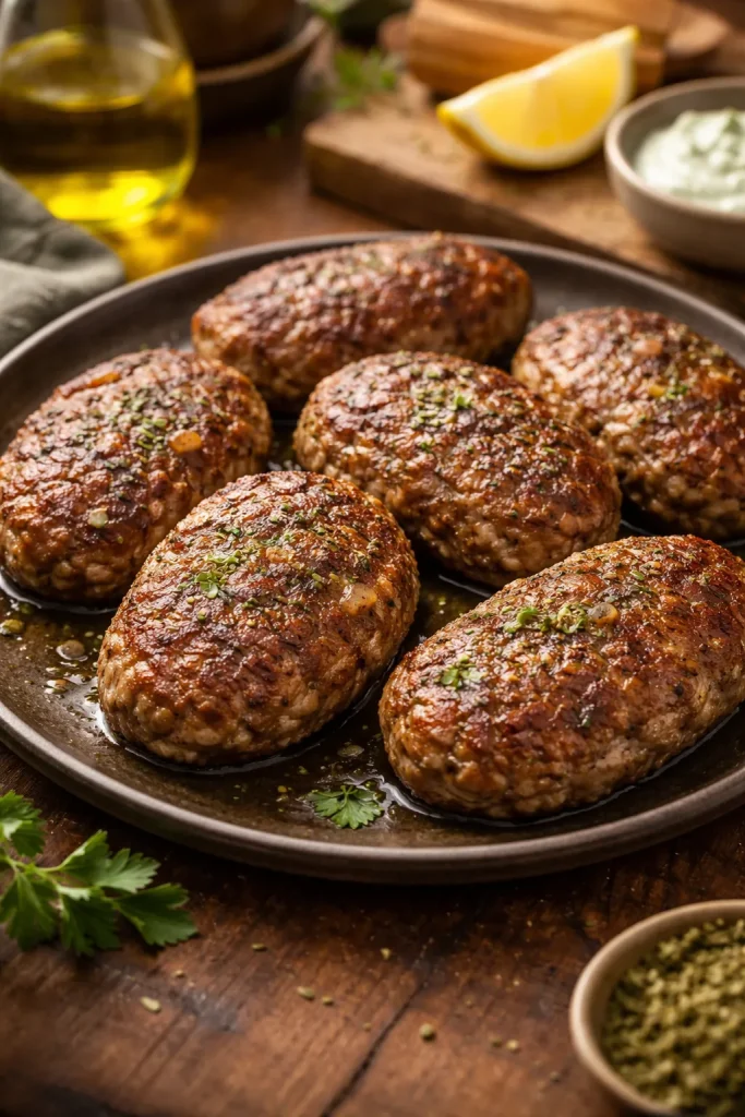 Close-up of oval biftekia patties with crisp crust on a dark plate