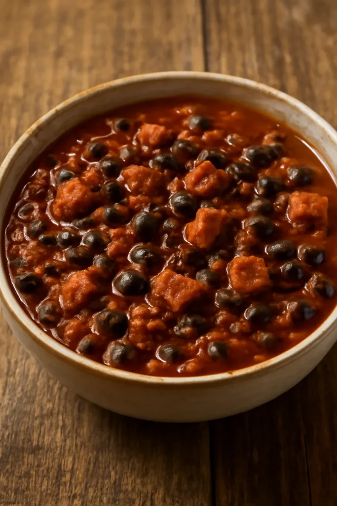 Close-up of thick black bean and chorizo chili in a rustic bowl.