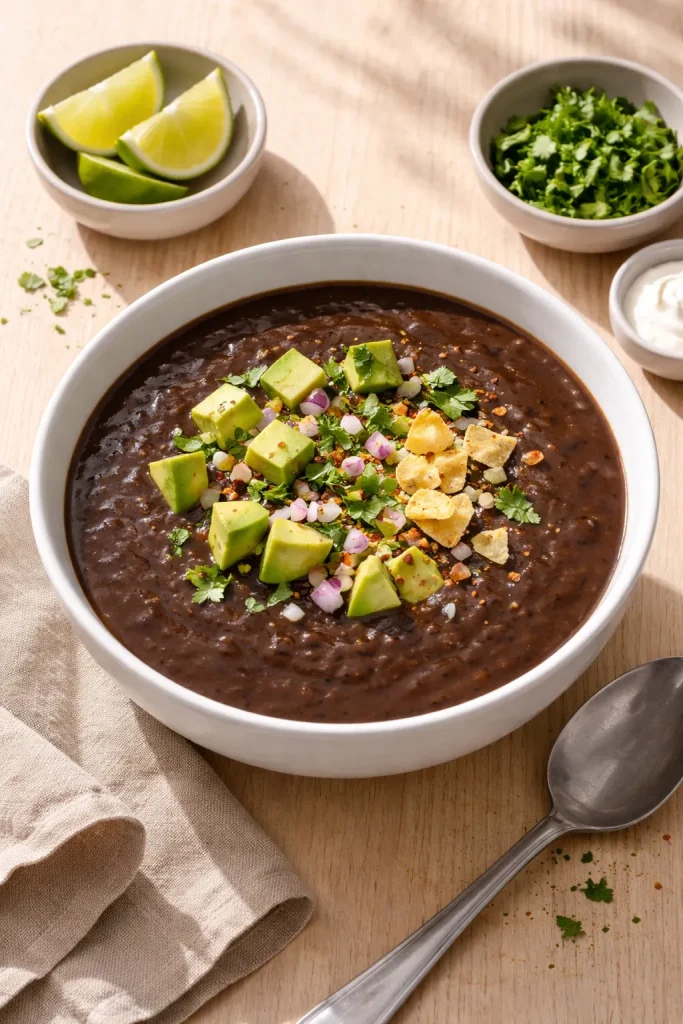 Top-down view of thick black bean soup in a white bowl