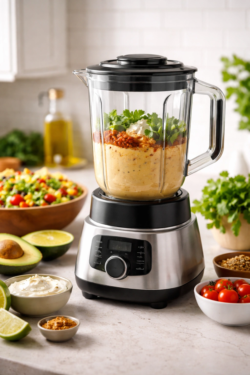 Blender with creamy dressing blending into a smooth texture