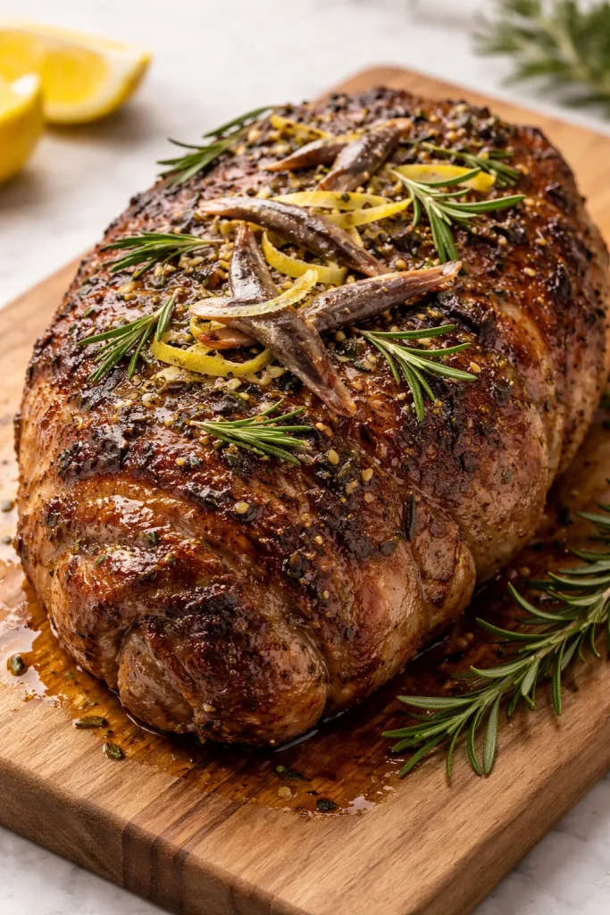 Boneless lamb roast with anchovy, lemon zest, and rosemary