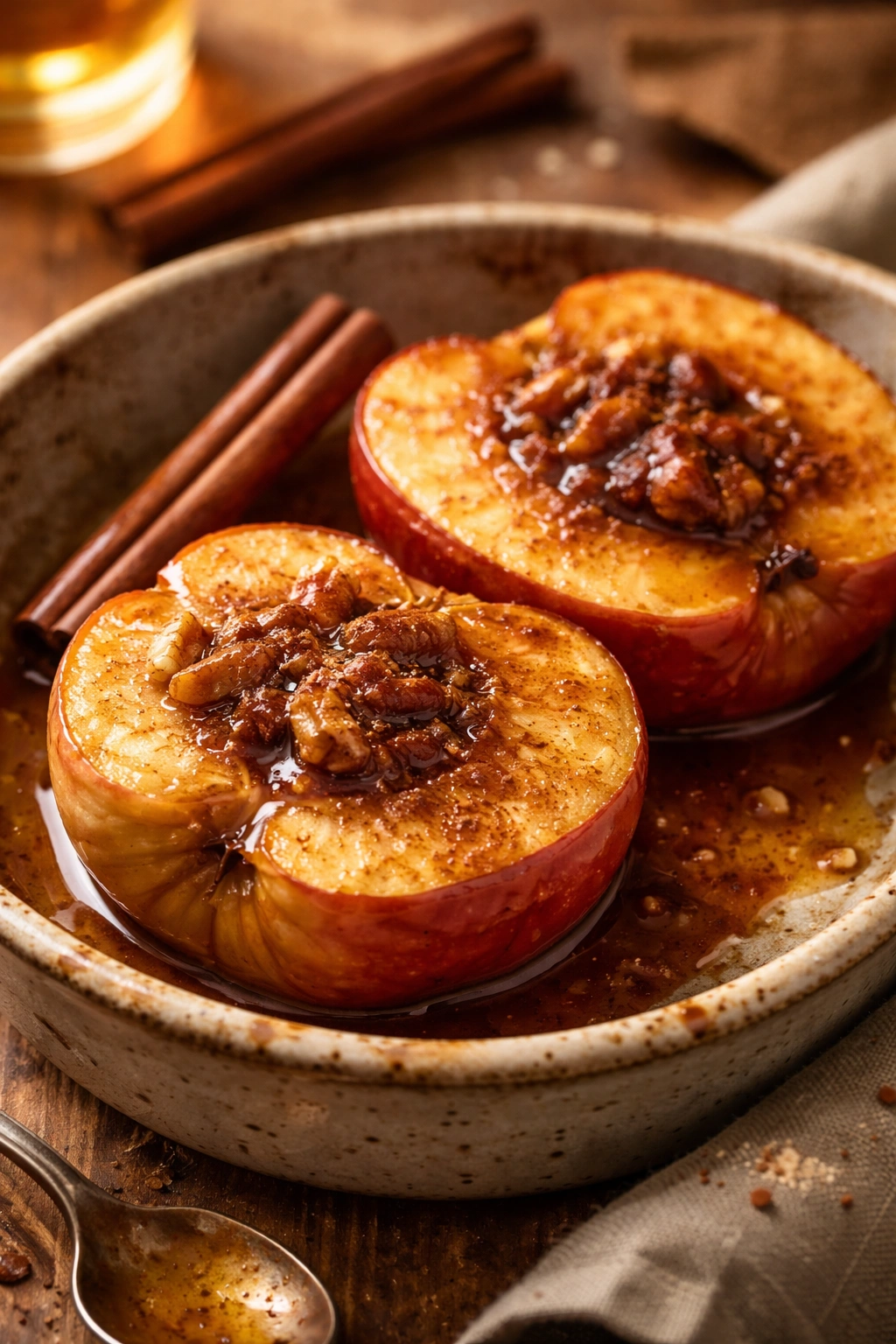 Close-up of glossy bourbon-glazed baked apples with cinnamon in a rustic dish