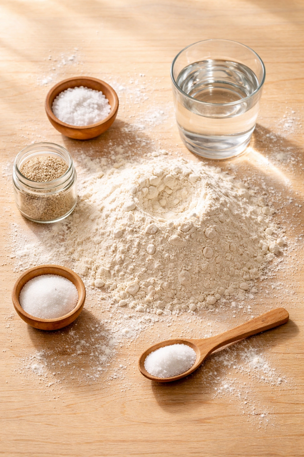 Top-down arrangement of flour, water, salt, yeast and sugar for dough