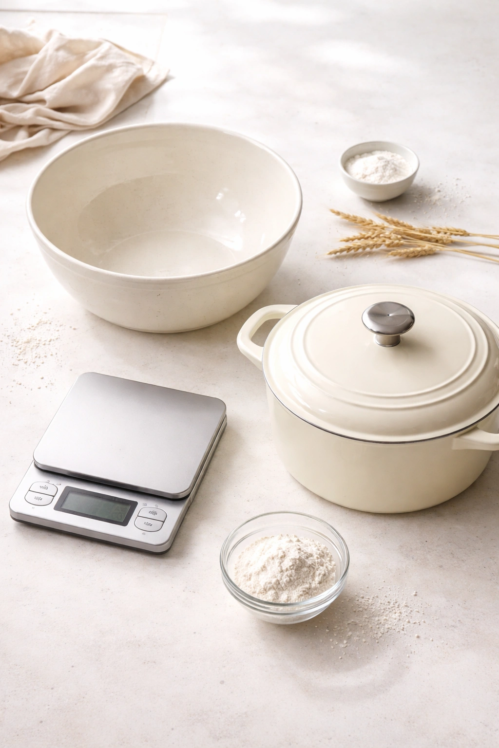 Mixing bowl, digital scale, and Dutch oven on a clean countertop