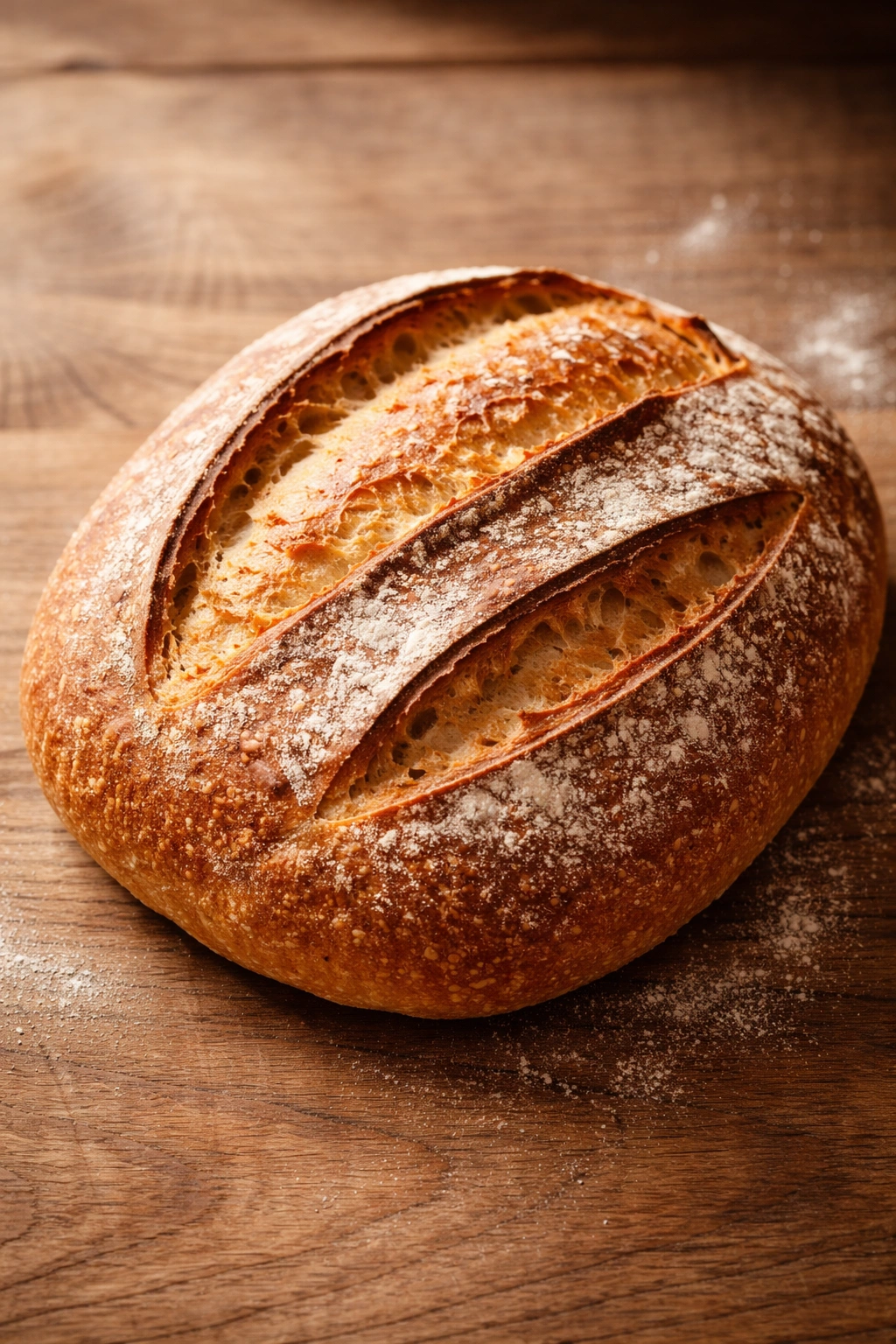 Close-up of a golden crust bread loaf on wood, texture emphasized