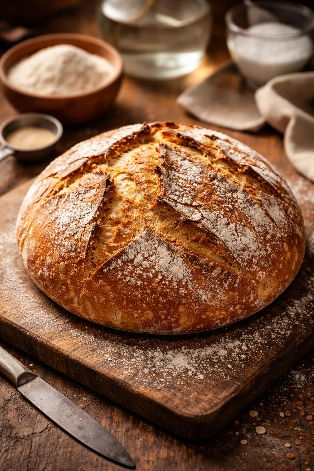 Round crusty boule on a wooden board with flour dusting