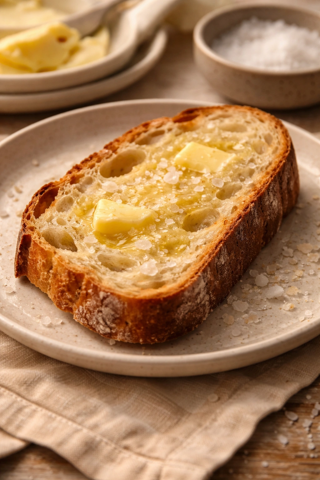 Bread slice with butter on plate ready for serving