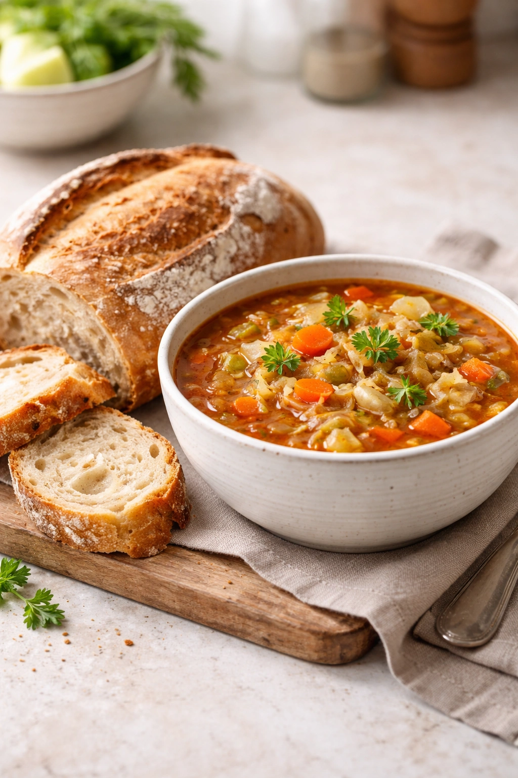Crusty bread beside a bowl of cabbage soup on a neutral countertop
