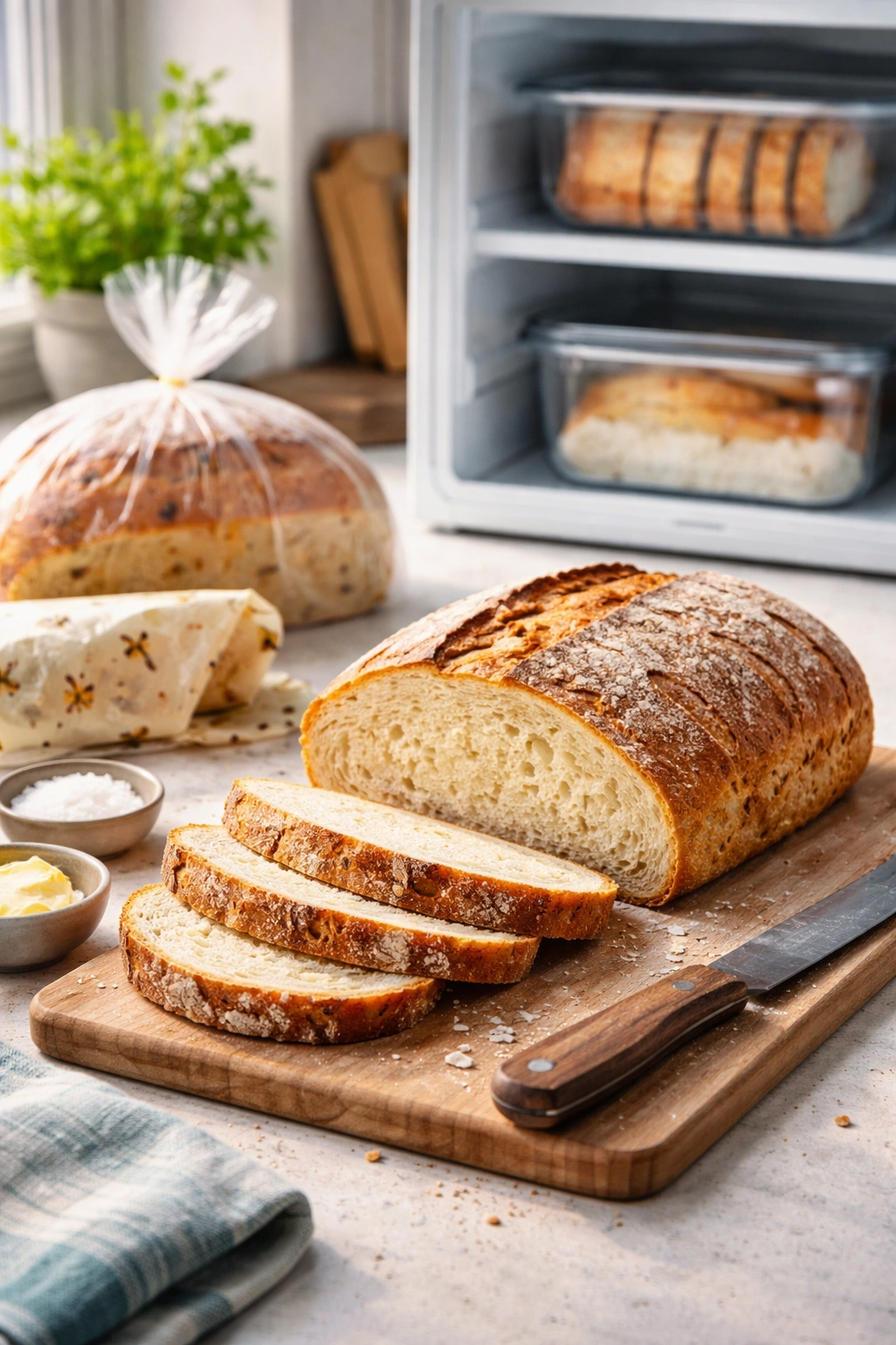 Loaf of bread on a clean surface illustrating storage concepts