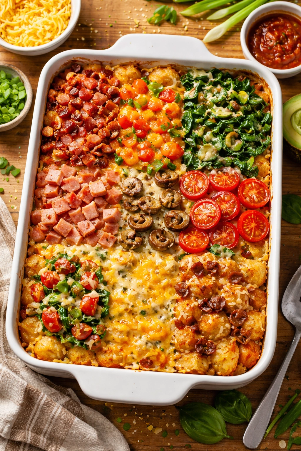 Top-down view of a casserole with colorful toppings of peppers, spinach, and mushrooms under melted cheese.