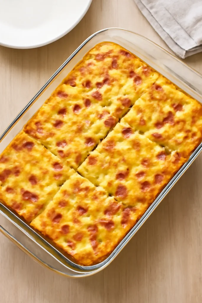 Ham breakfast casserole with eggs and cheese baked golden