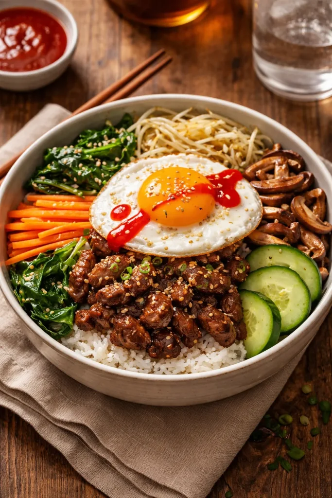 Classic beef bulgogi bibimbap bowl with vegetables and egg