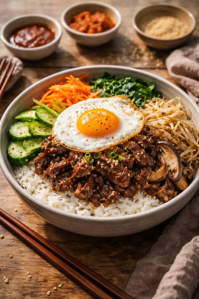 Bulgogi bibimbap bowl with beef, vegetables, rice, and egg