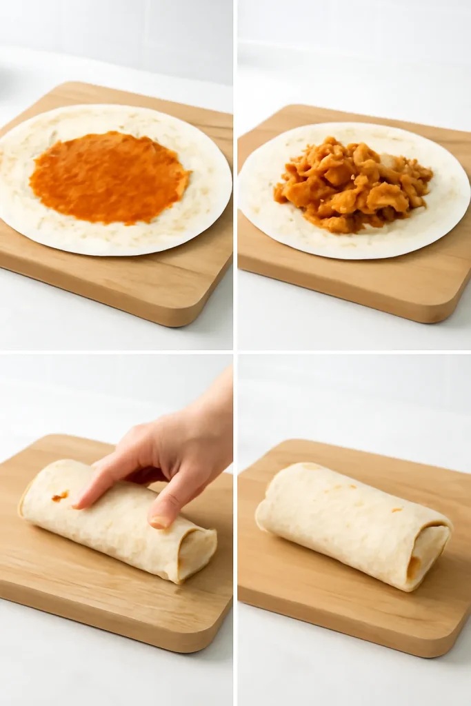 How To Make Taco Bell Chicken Burrito 8 Four-panel burrito assembly steps montage showing wrap sequence
