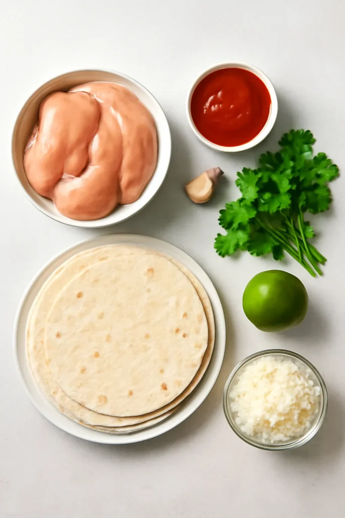 How To Make Taco Bell Chicken Burrito 3 Top-down view of burrito ingredients laid out on a clean kitchen island.