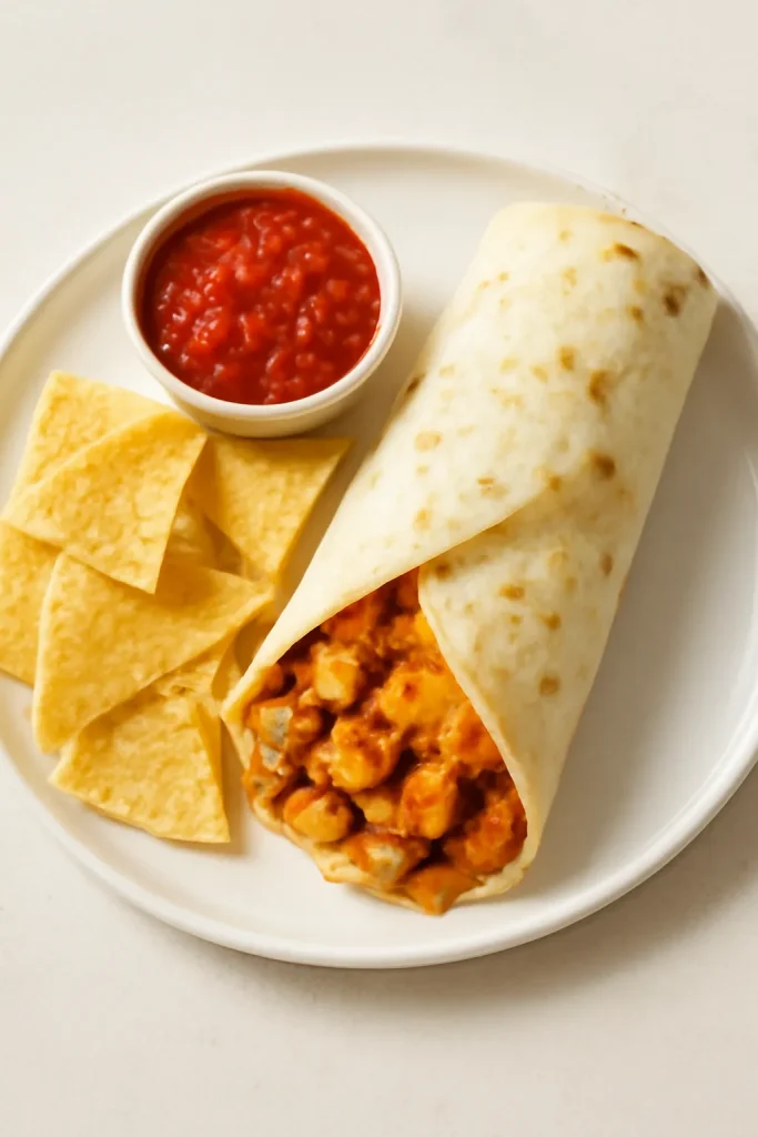 How To Make Taco Bell Chicken Burrito 12 Plate with burrito, tortilla chips, and salsa for serving alongside