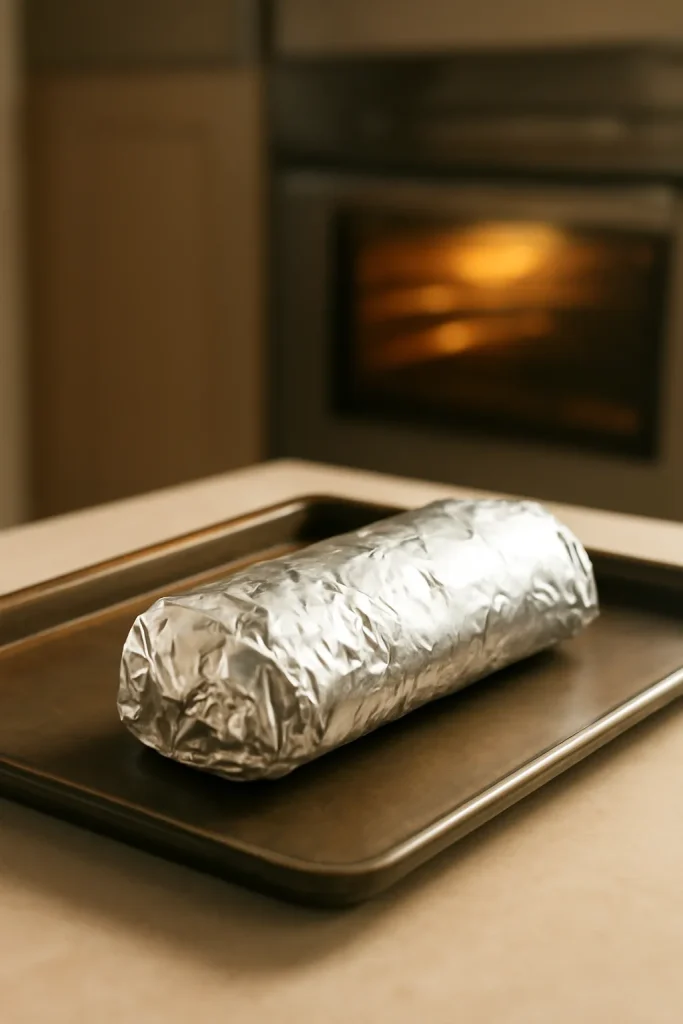 How To Make Taco Bell Chicken Burrito 11 Foil-wrapped burrito on a baking sheet ready for storage and reheating