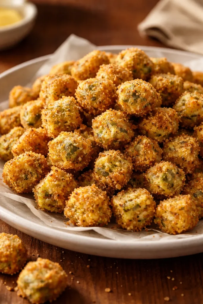 Classic buttermilk and cornmeal fried okra on plate.
