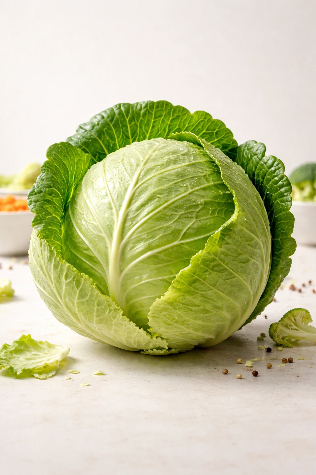 Fresh green cabbage head on a plain background