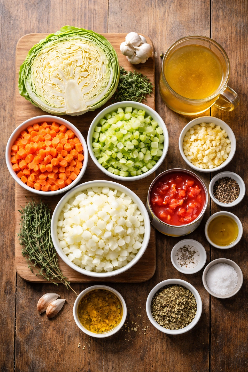 Top-down arrangement of cabbage soup ingredients on a wooden surface