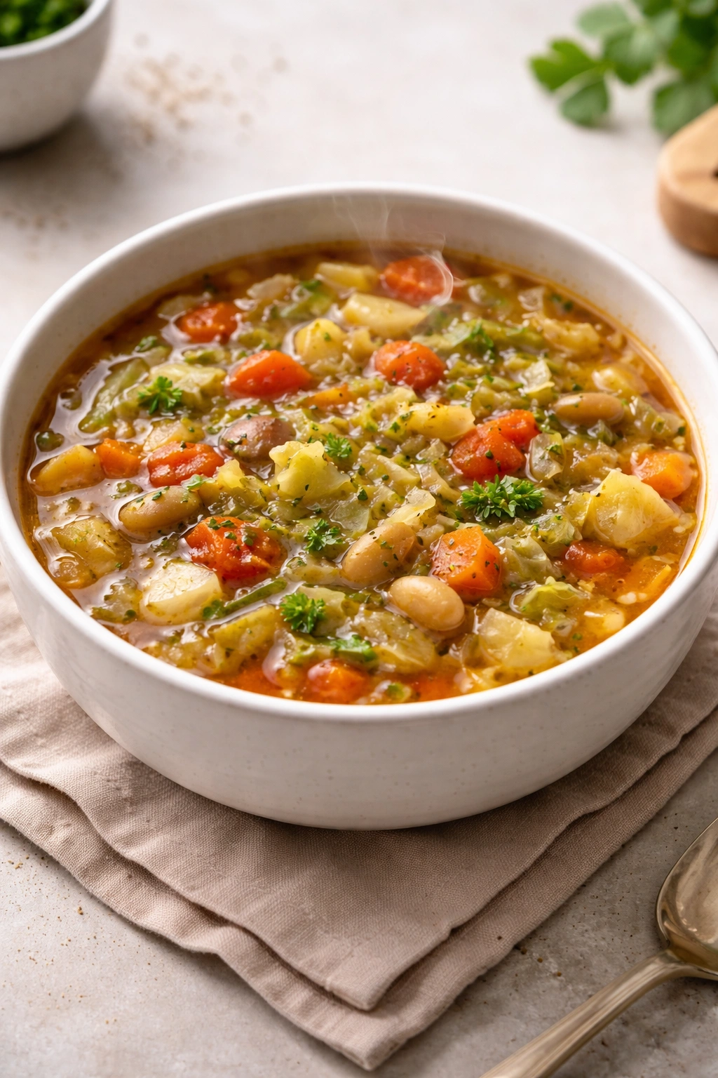 Close-up of a steaming cabbage soup in a white bowl on a neutral background