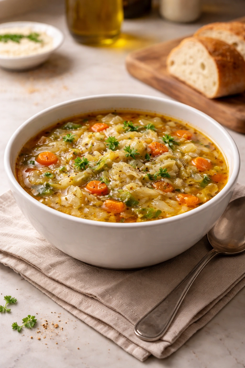 A ready-to-serve bowl of cabbage soup in a clean setting