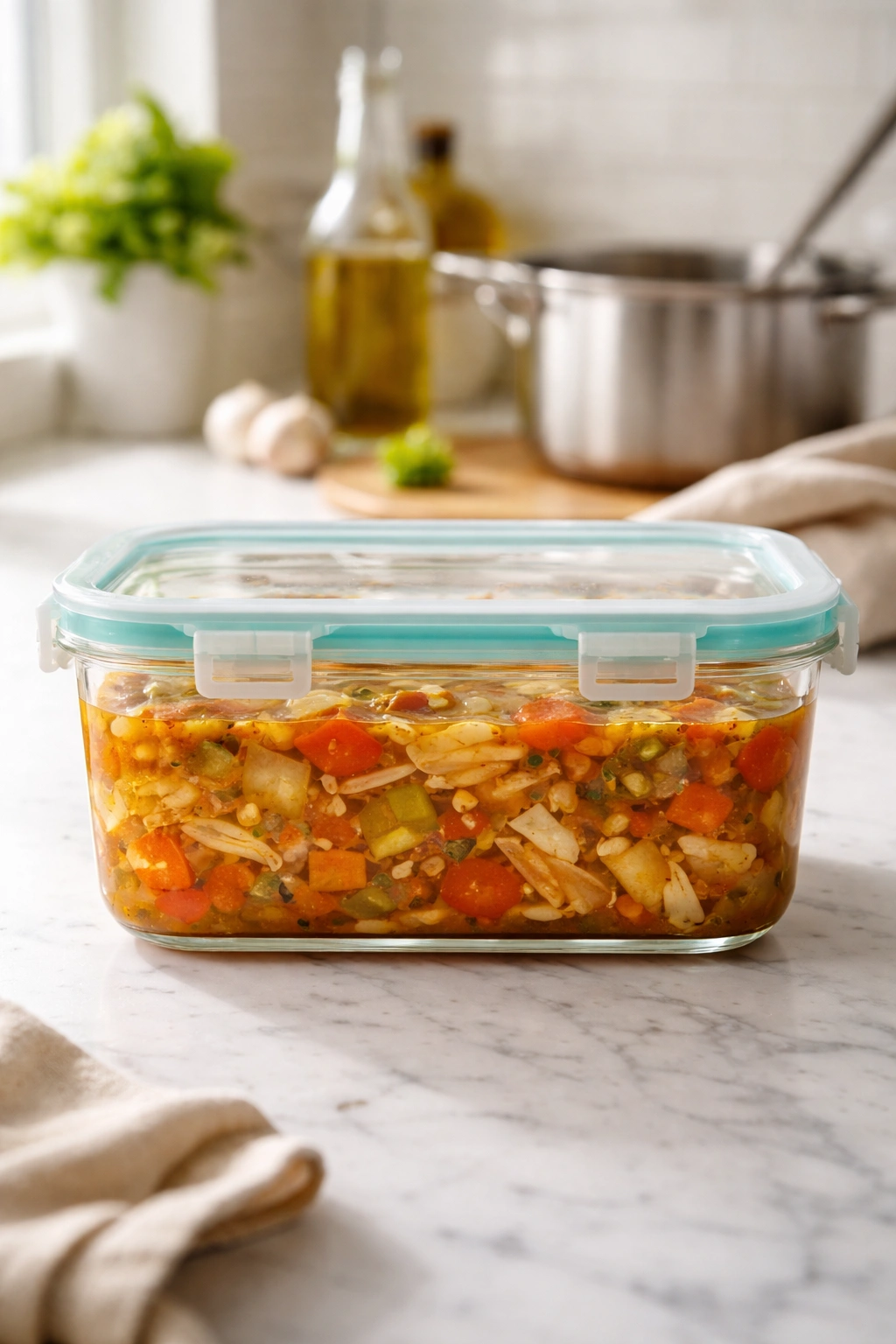 A glass container of cabbage soup ready for storing on a kitchen counter