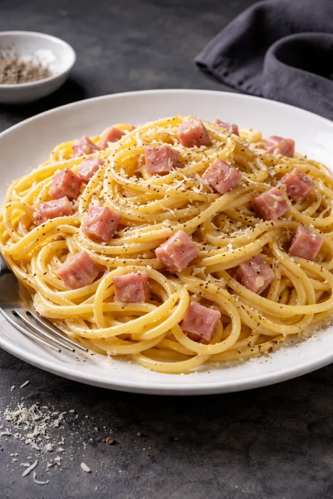 Creamy carbonara with deli ham on a plate