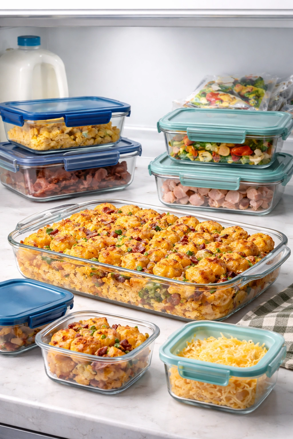 Casserole in glass dish with storage containers ready for refrigeration