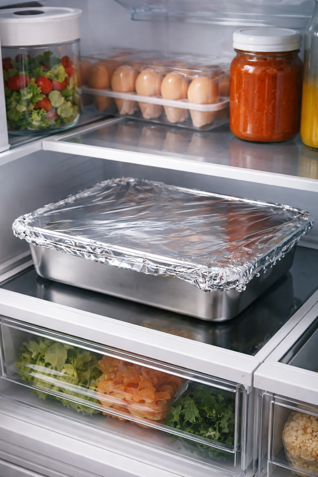 Casserole dish foil-wrapped in fridge indicating storage and reheating prep