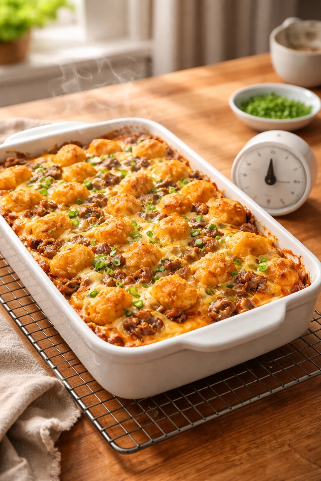 Casserole on a cooling rack beside a blank-faced timer in a bright kitchen.