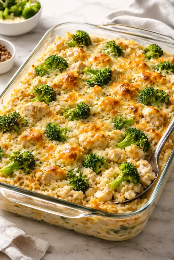 8 Freezer Meals to Cook Once and Eat Twice 8 Cheesy chicken broccoli rice casserole in a glass dish with a golden top
