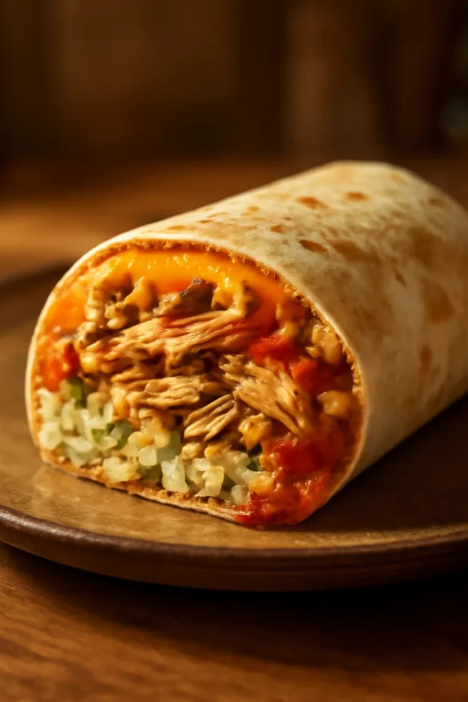 How To Make Taco Bell Chicken Burrito 1 Close-up of a chicken burrito showing shredded chicken, cheese, cilantro lime rice, and tomato sauce on a rustic plate.