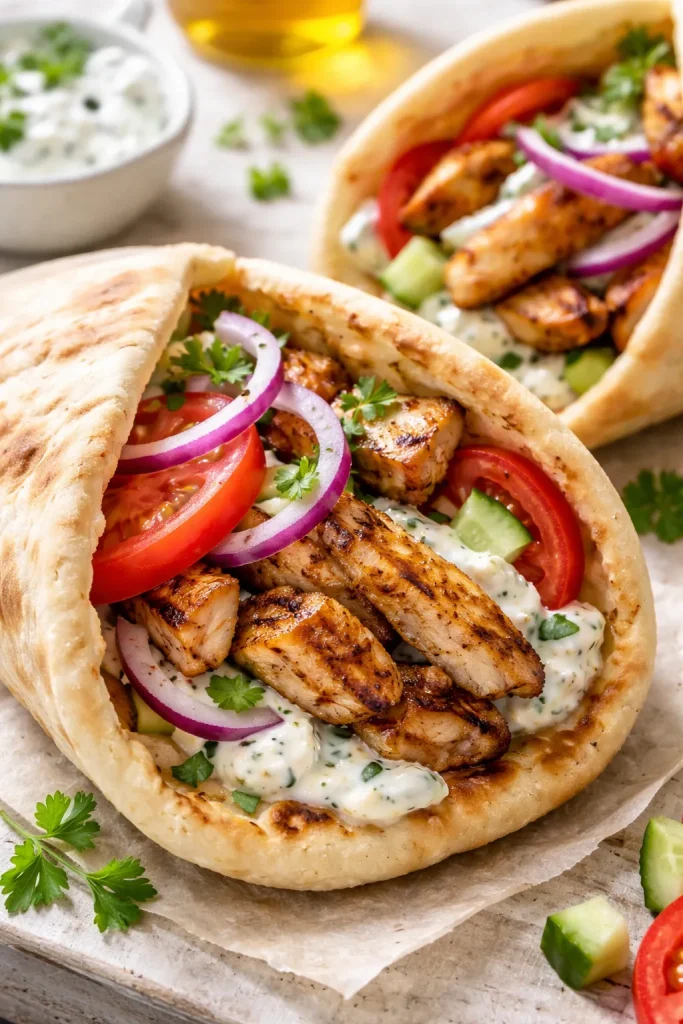 Close-up of chicken gyros with pita and tzatziki