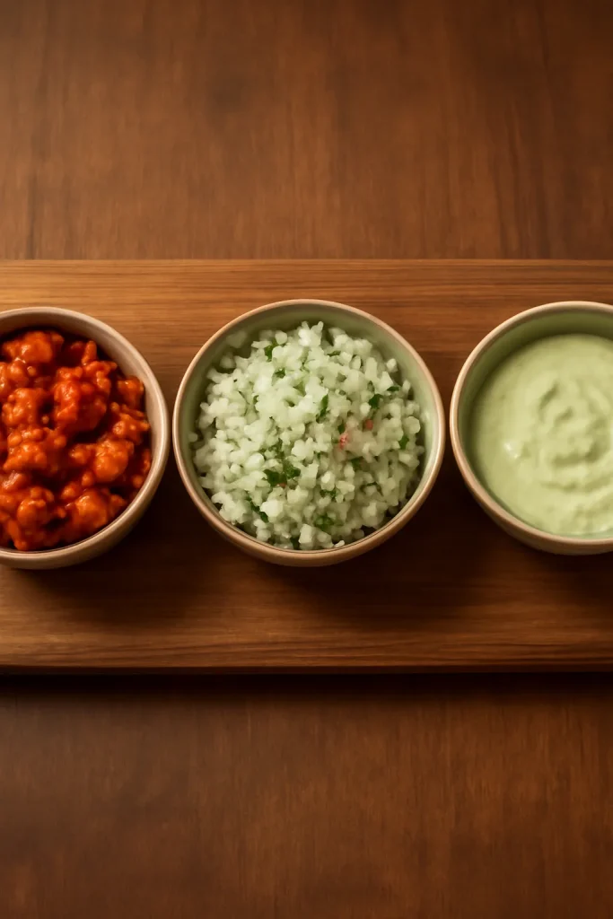 How To Make Taco Bell Chicken Burrito 4 Triplet bowls of chicken, cilantro lime rice, and avocado ranch dressing.