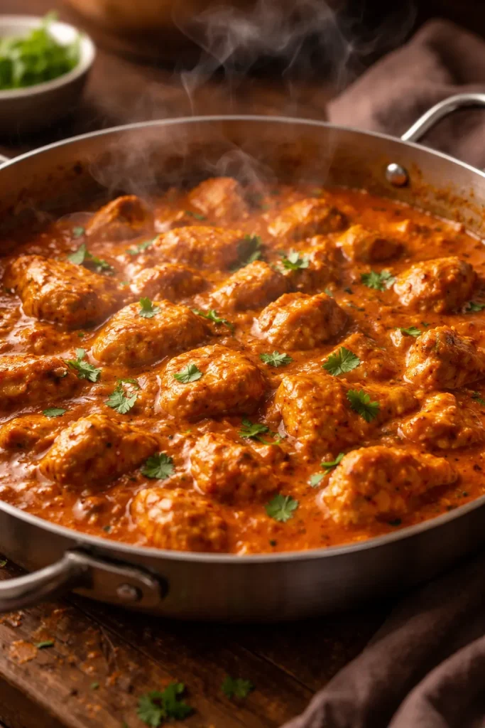 8 Freezer Meals to Cook Once and Eat Twice 4 Pan of chicken tikka masala simmering in a thick sauce with chunks of chicken.