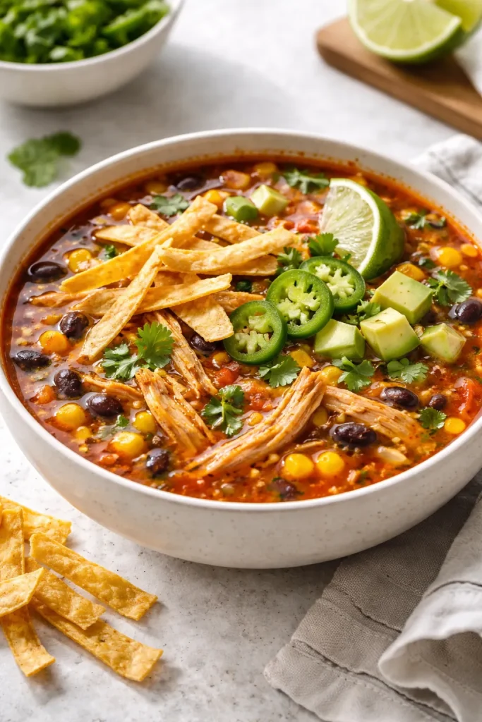 8 Freezer Meals to Cook Once and Eat Twice 10 Bowl of chicken tortilla soup with shredded chicken and tortilla strips