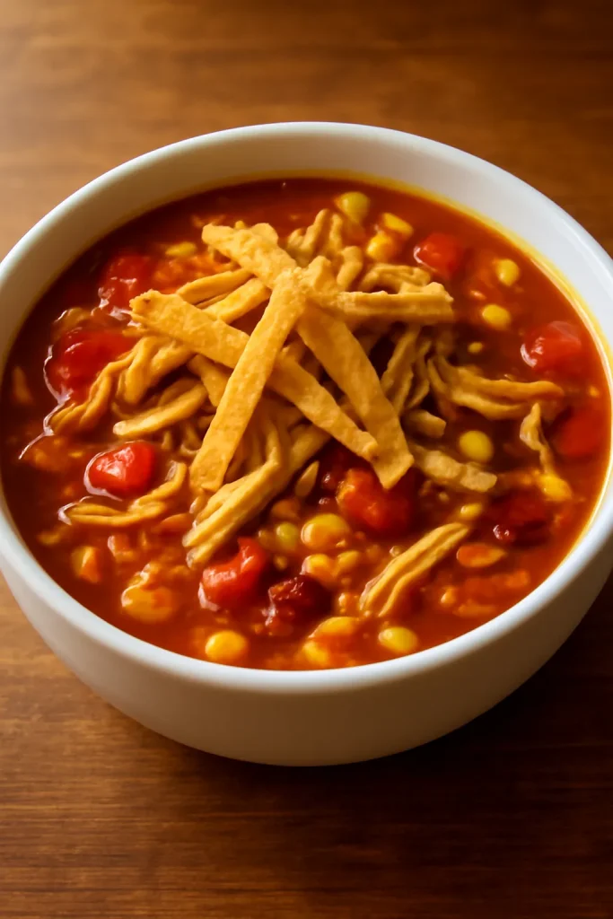 Chicken tortilla soup with shredded chicken and tortilla strips in a bowl.