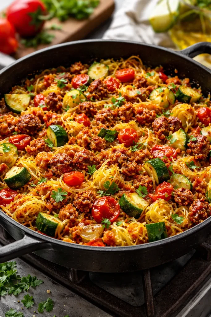 Chorizo spaghetti squash skillet with vegetables