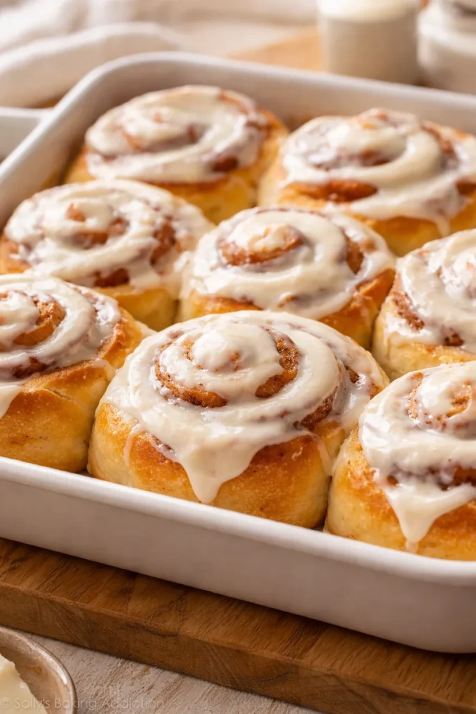 8 Cinnamon Roll Recipes Soft and Fluffy 1 Close-up of soft cinnamon rolls with cream cheese frosting on a light wooden board