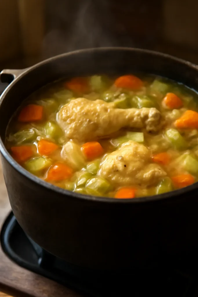 Chicken and vegetable soup simmering in a rustic pot