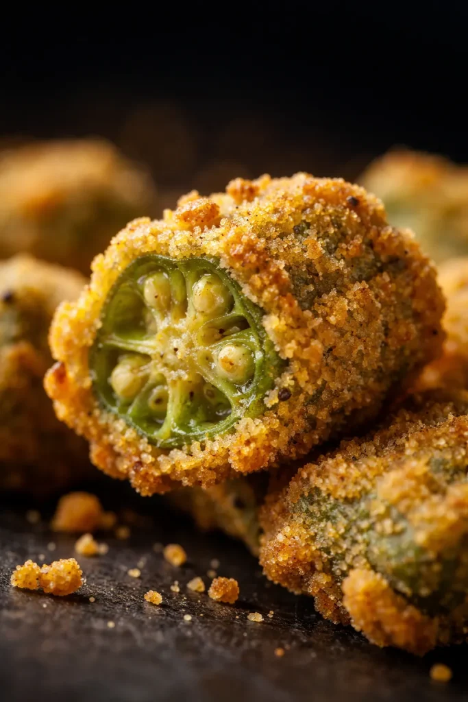 Close-up of a single crispy fried okra piece with golden crust.