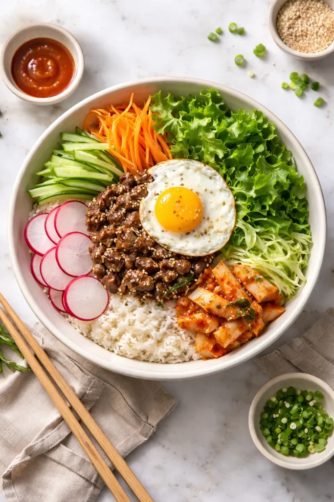 Cold bibimbap bowl with raw vegetables and rice base
