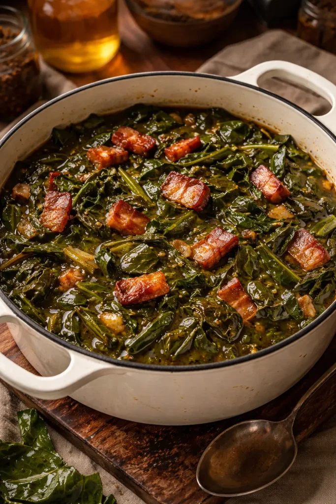8 Southern Collard Green Recipes for Dinner 5 Bacon and collard greens cooking in a Dutch oven with glossy broth