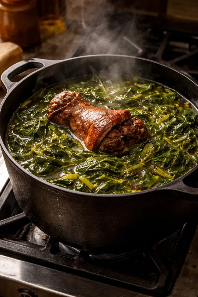 8 Southern Collard Green Recipes for Dinner 3 Ham hock with collard greens cooking in a pot with steam