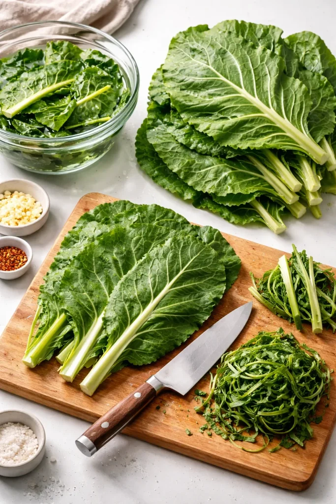 8 Southern Collard Green Recipes for Dinner 2 Fresh washed collard greens stacked on a clean surface with visible ribs