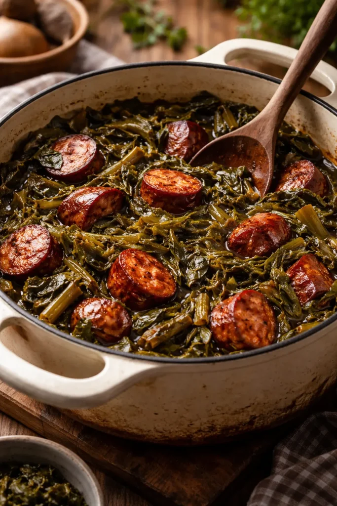 8 Southern Collard Green Recipes for Dinner 8 Dutch oven with collard greens and smoked sausage